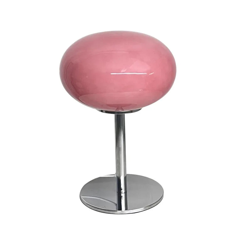 Lampe globe ovale en verre et pied chromé, rose ou jaune – Talloires, finition rose poudré