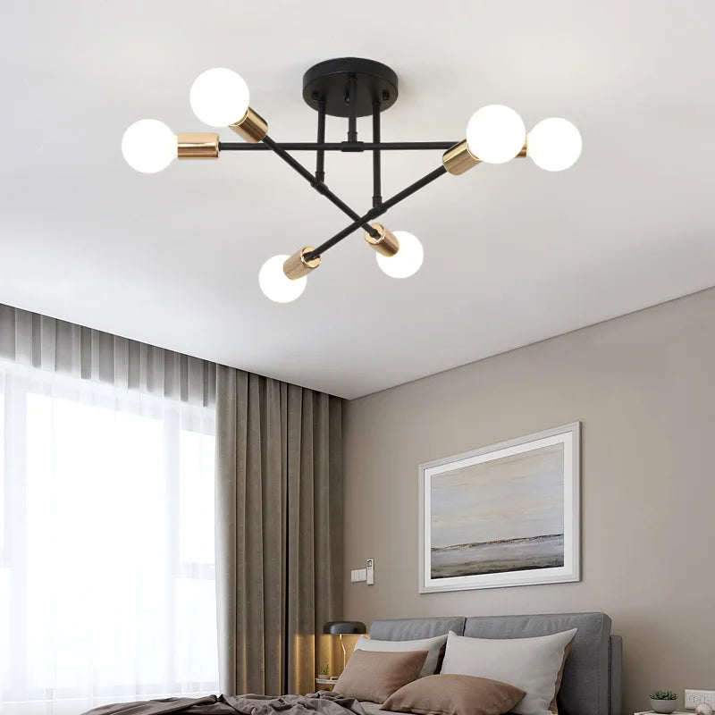 Plafonnier lustre 6 branches à globes opalins, E27 – Vaux, vue d’ambiance