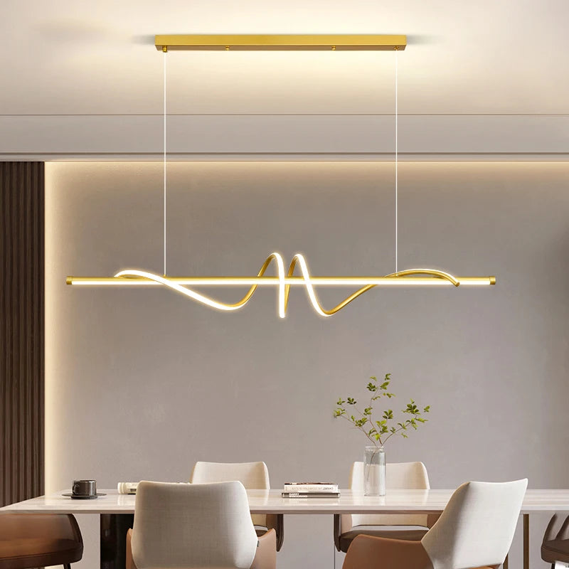 Lustre LED trait de lumière en vague, 100 ou 120 cm – Serrant, vue d’ambiance