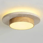 Plafonnier en travertin et bois, Ø 22 cm – Pienza allumé