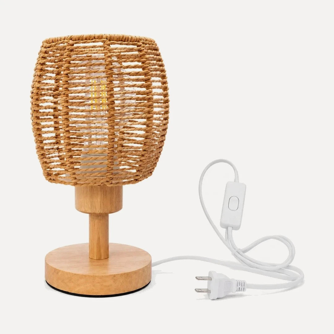 Lampe à poser en corde de papier tressée, pied en bois – Garda