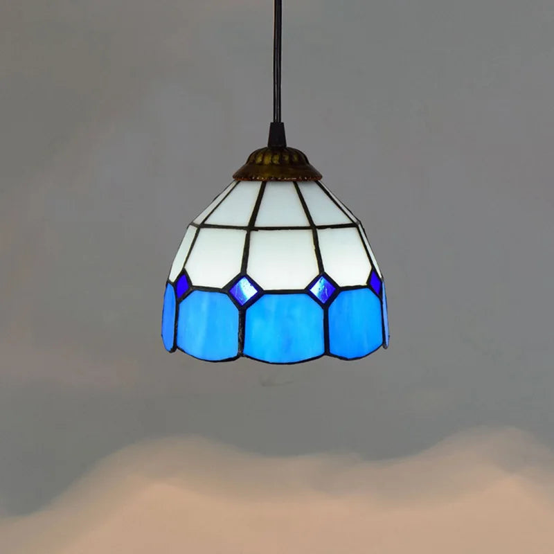 Suspension en verre vitrail coloré, style bohème – Céret, finition blanc et bleu