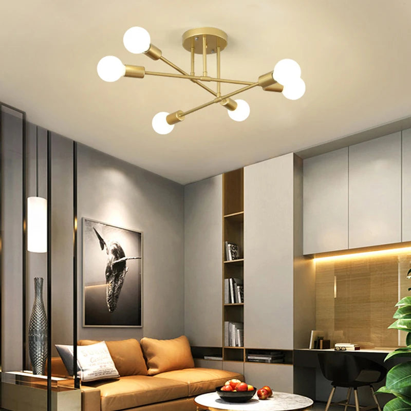 Plafonnier lustre 6 branches à globes opalins, E27 – Vaux, vue d’ambiance