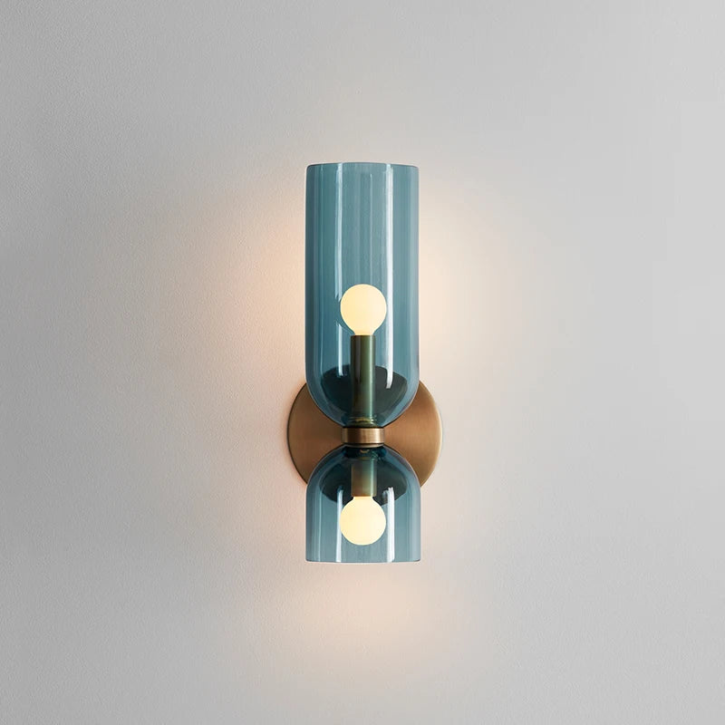 Applique double cylindre en verre, opalin, fumé ou bleu – Fécamp allumée