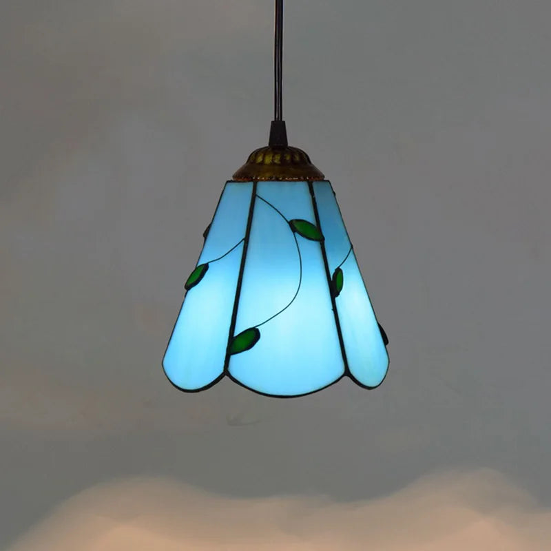 Suspension en verre vitrail coloré, style bohème – Céret, finition bleu ciel et feuillage