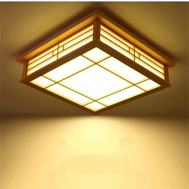 Plafonnier carré en bois façon shoji japonais – Shirakawa allumé