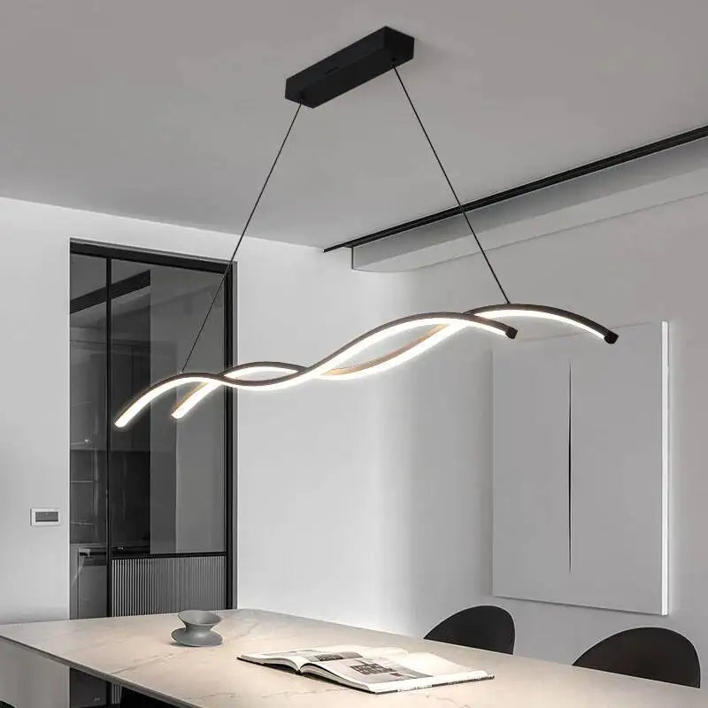Suspension LED double vague, blanc ou noir, 90 à 150 cm – Atrani, vue d’ambiance