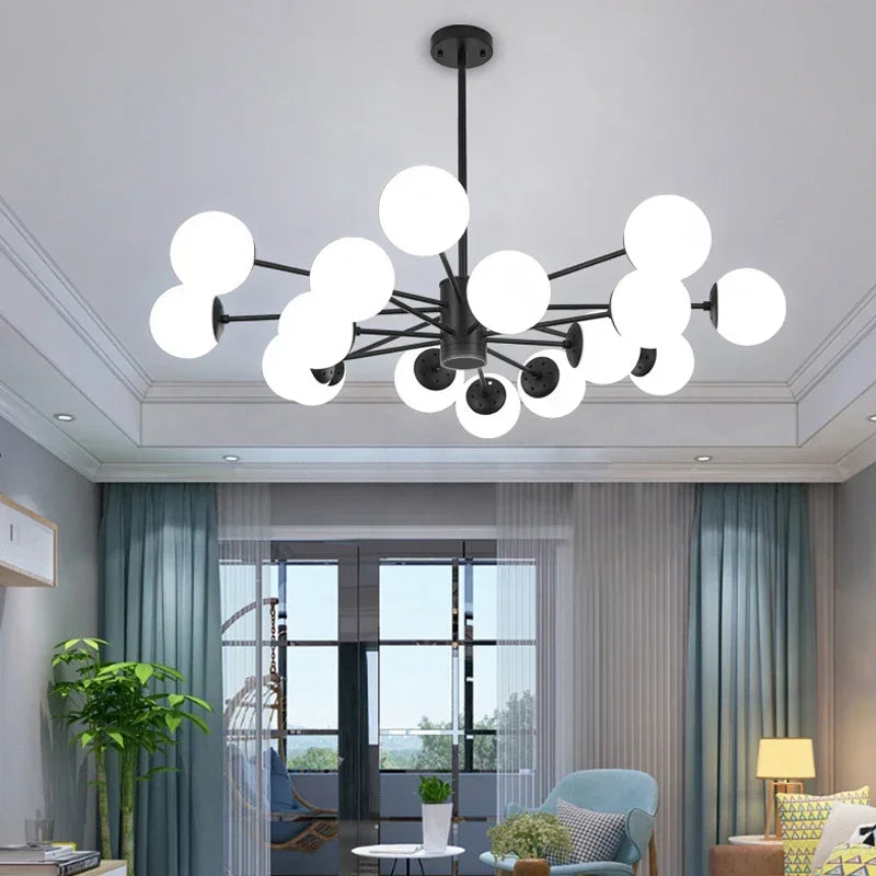 Suspension lustre à globes opalins, noir ou doré – Opéra, vue d’ambiance