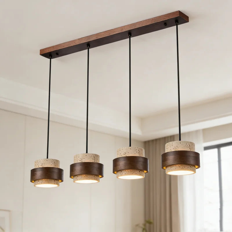 Suspension cylindre en pierre et bois, 1 à 4 lampes – Gaeta dans un intérieur