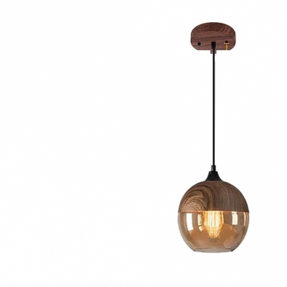 Suspension en verre ambré ou transparent, style scandinave – Alba, finition globe Ø 20 cm, ambre et noyer / Blanc chaud