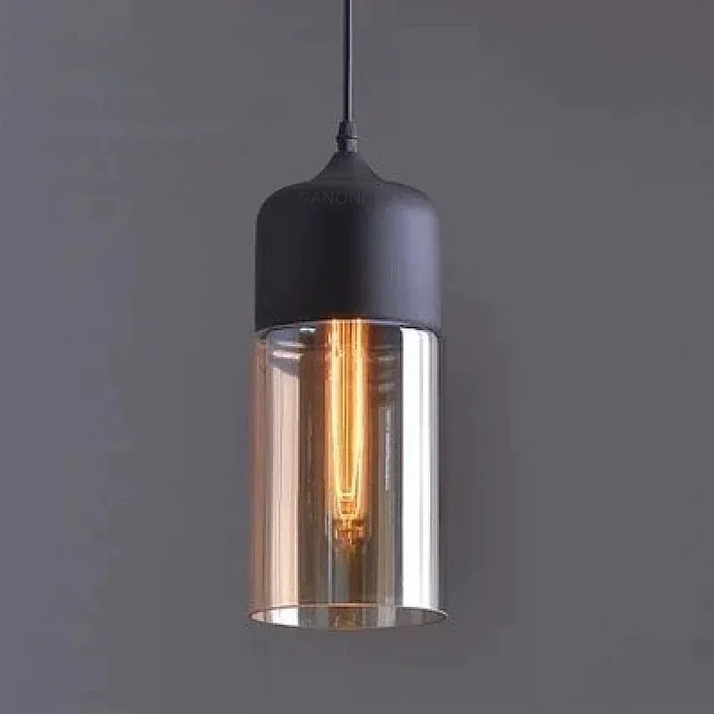 Suspension en verre ambré ou transparent, style scandinave – Alba, finition cylindre Ø 13 cm, ambre et noir / Blanc chaud