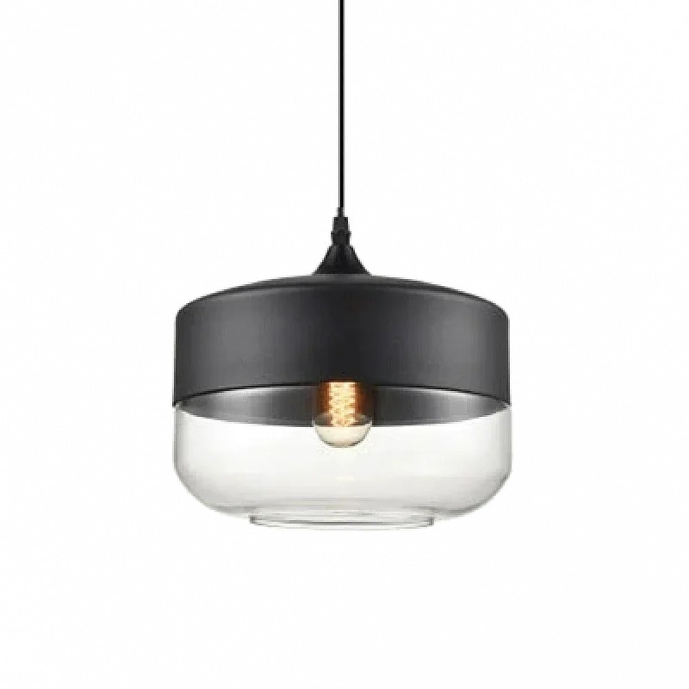 Suspension en verre ambré ou transparent, style scandinave – Alba, finition tambour Ø 25 cm, transparent et noir