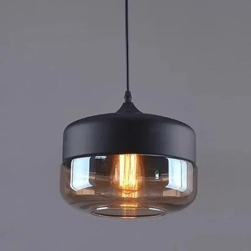 Suspension en verre ambré ou transparent, style scandinave – Alba, finition tambour Ø 25 cm, ambre et noir / Blanc chaud