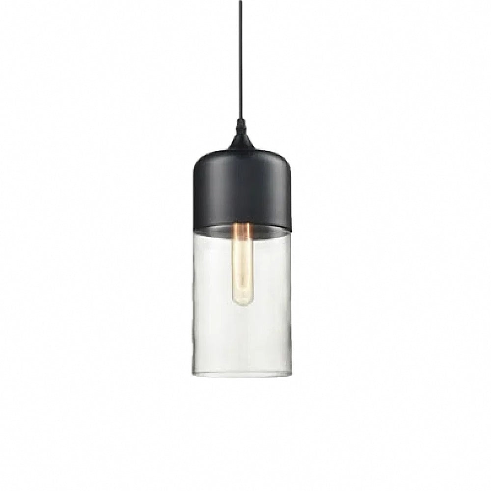 Suspension en verre ambré ou transparent, style scandinave – Alba, finition cylindre Ø 13 cm, transparent et noir
