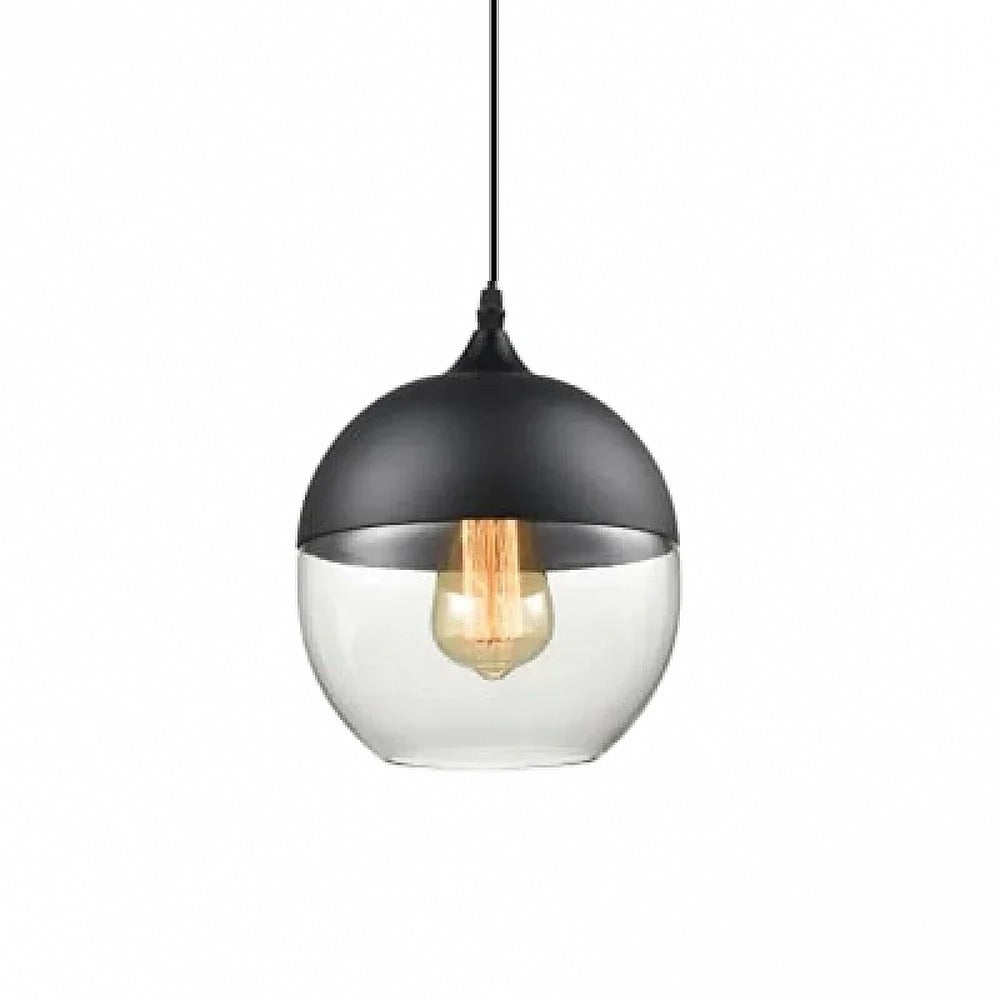 Suspension en verre ambré ou transparent, style scandinave – Alba, finition globe Ø 20 cm, transparent et noir / Blanc chaud