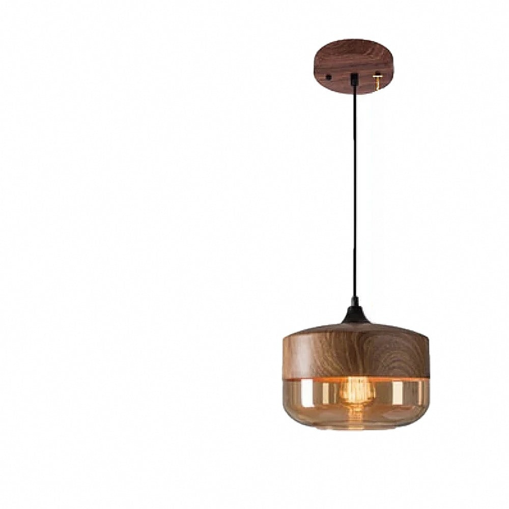 Suspension en verre ambré ou transparent, style scandinave – Alba, finition tambour Ø 25 cm, ambre et noyer / Blanc chaud