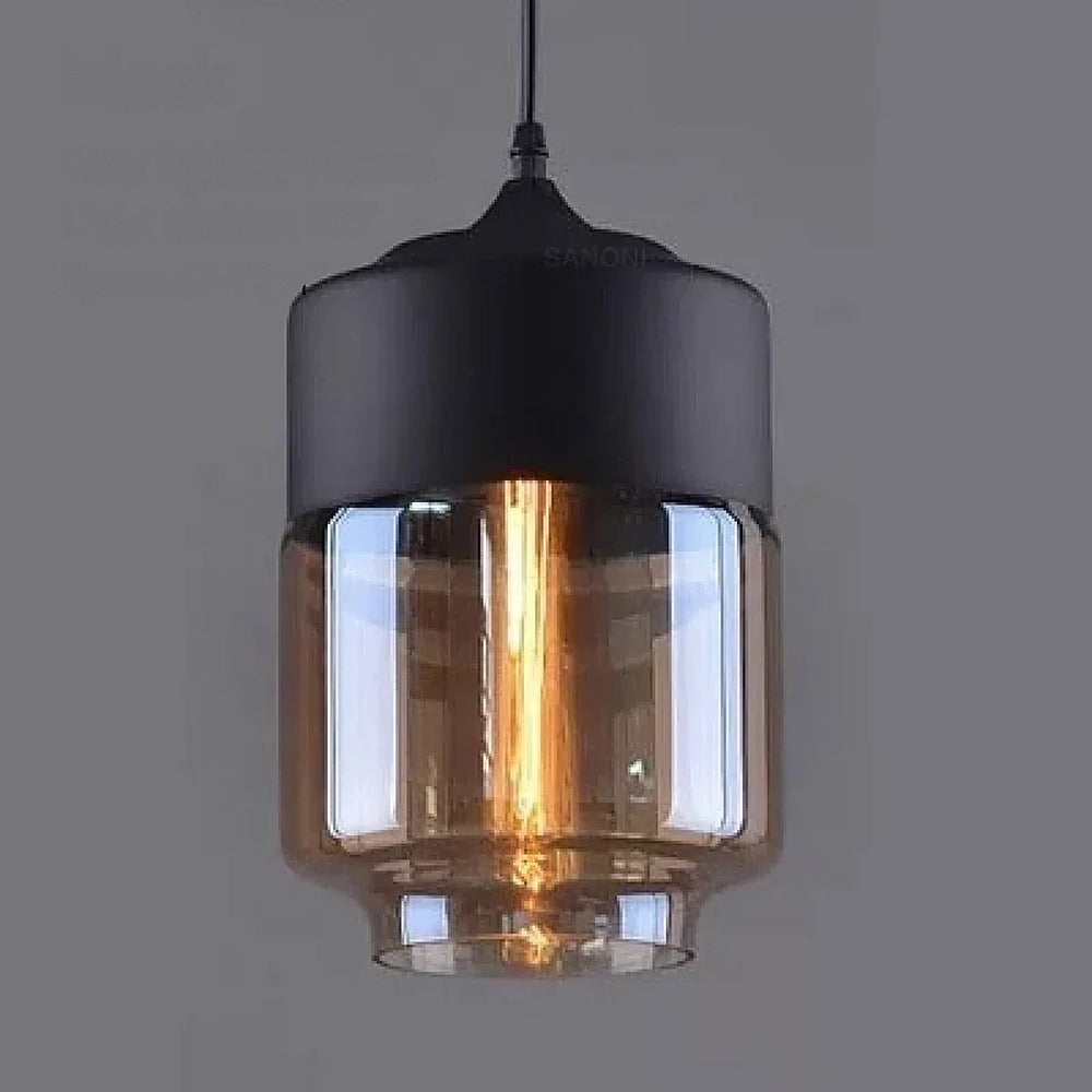 Suspension en verre ambré ou transparent, style scandinave – Alba, finition lanterne Ø 18 cm, ambre et noir / Blanc chaud