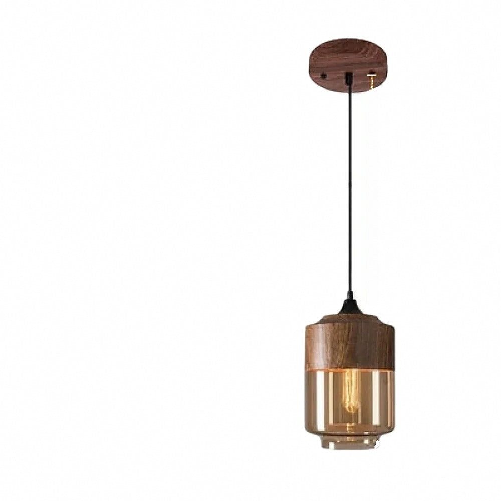 Suspension en verre ambré ou transparent, style scandinave – Alba, finition lanterne Ø 18 cm, ambre et noyer / Blanc chaud
