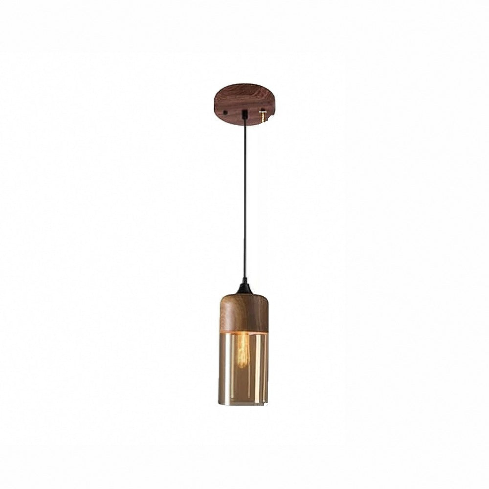Suspension en verre ambré ou transparent, style scandinave – Alba, finition cylindre Ø 13 cm, ambre et noyer / Blanc chaud