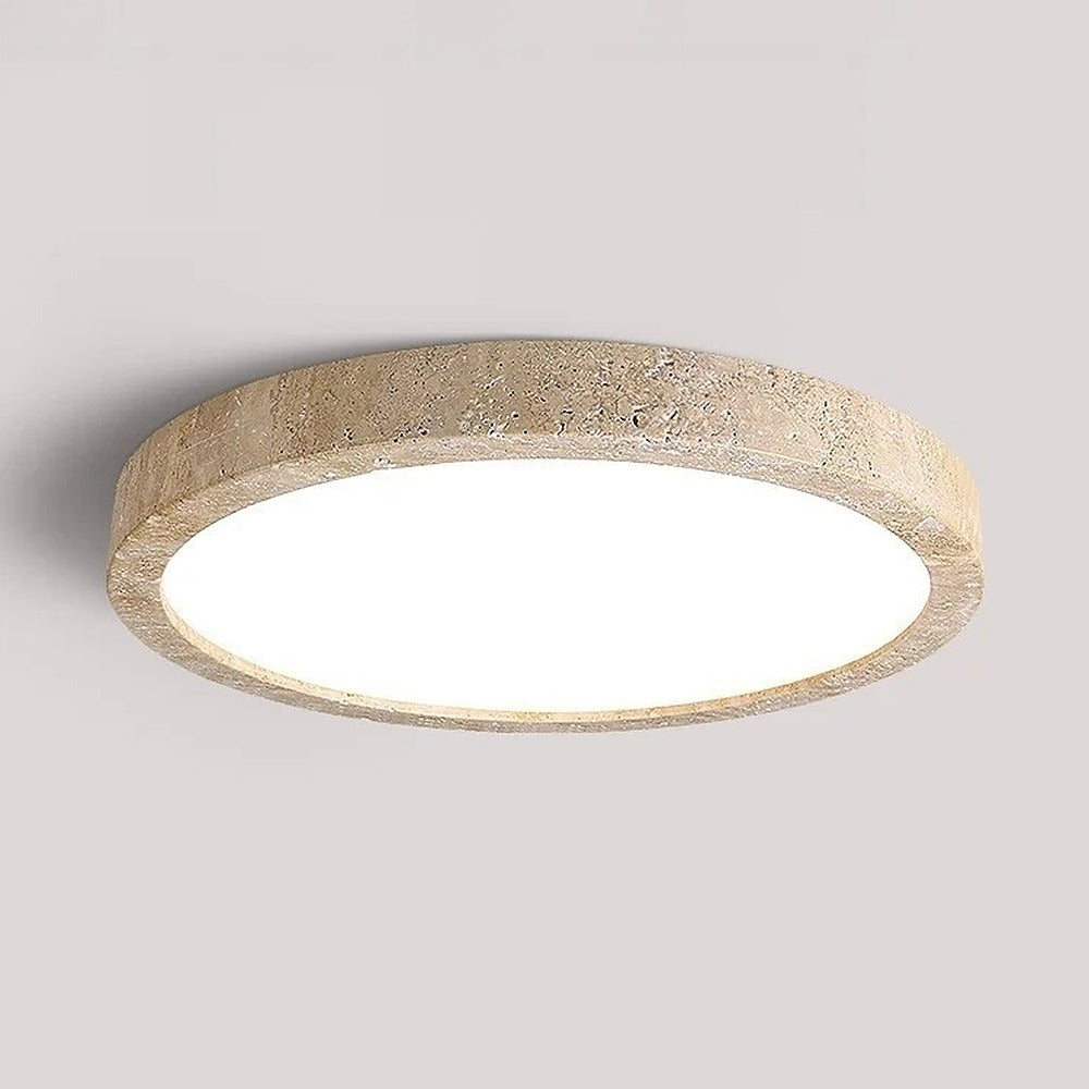 Plafonnier extra-plat cerclé de travertin, Ø 38 ou 48 cm – Ansouis allumé