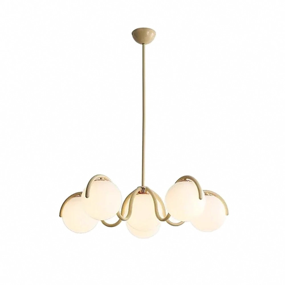 Suspension 6 globes opalins à bras ondulés – Antibes, finition crème