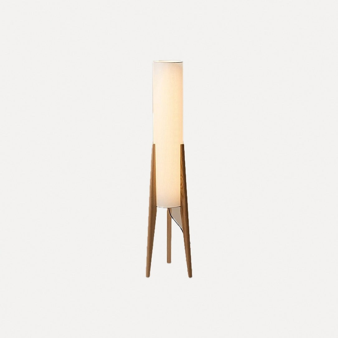 Lampadaire colonne en tissu sur trépied en bois – Asuka, finition bois naturel