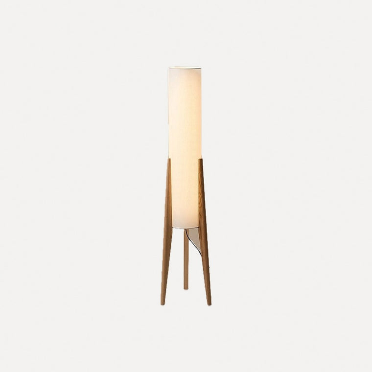 Lampadaire colonne en tissu sur trépied en bois – Asuka, finition bois naturel