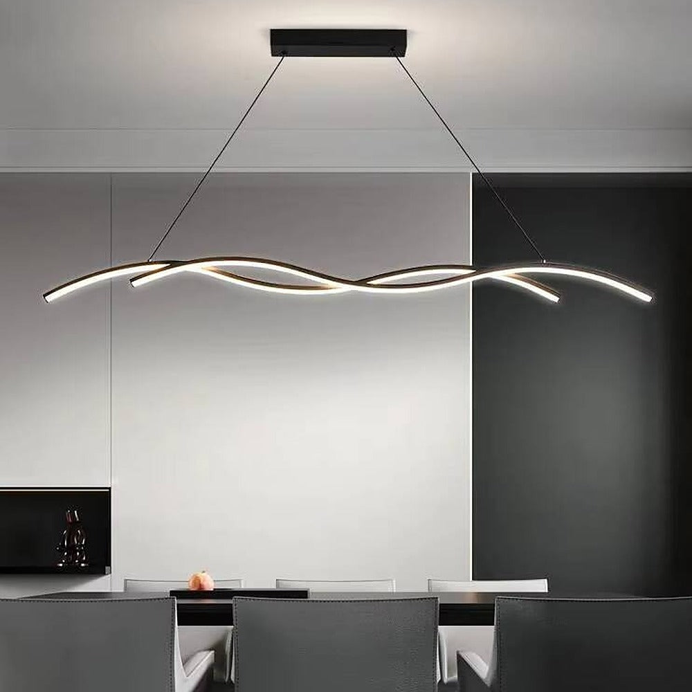 Suspension LED double vague, blanc ou noir, 90 à 150 cm – Atrani dans un intérieur