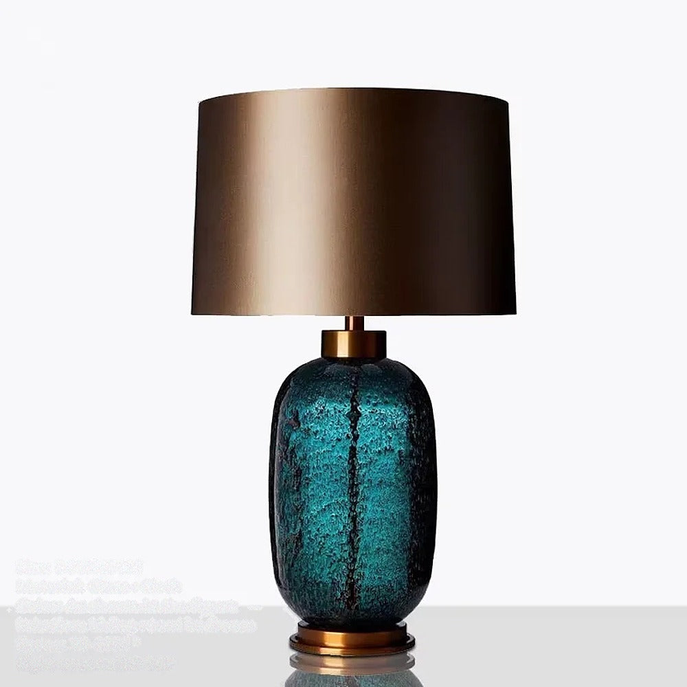 Lampe à poser en verre soufflé coloré et abat-jour – Bevagna, finition vase bleu canard, abat-jour bronze