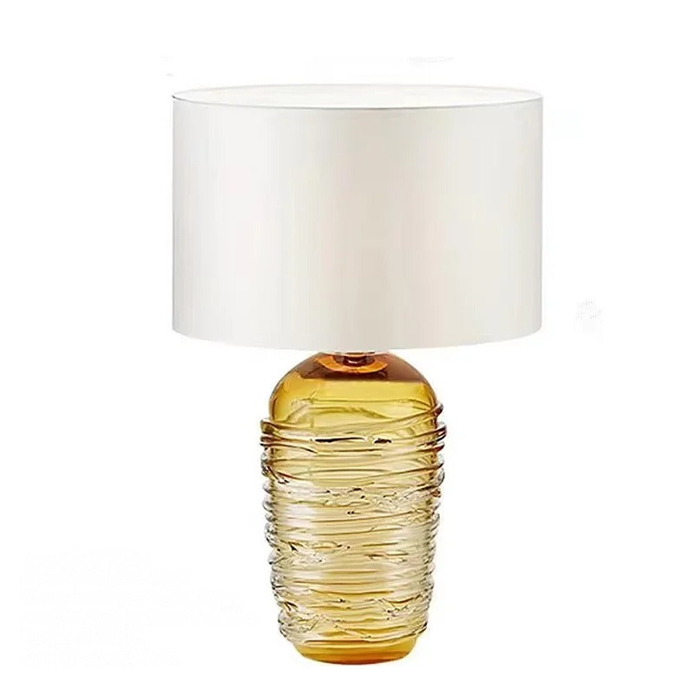 Lampe à poser en verre soufflé coloré et abat-jour – Bevagna, finition spirale ambrée, abat-jour blanc