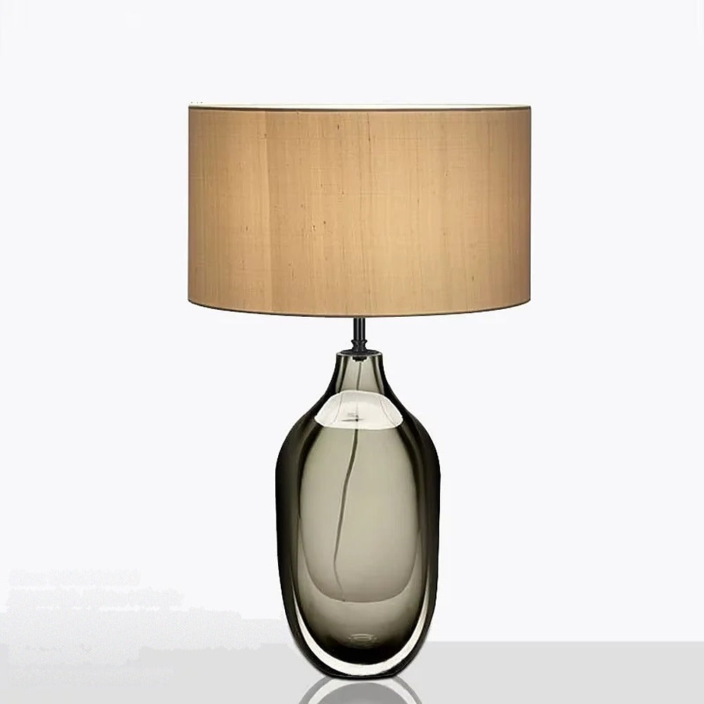 Lampe à poser en verre soufflé coloré et abat-jour – Bevagna, finition goutte fumée, abat-jour sable