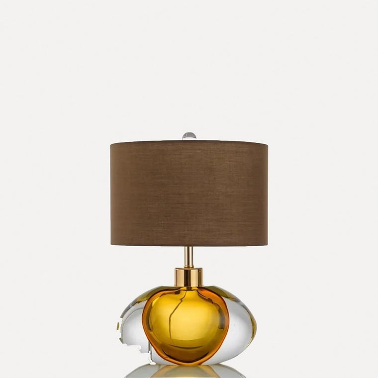 Deruta, lampe à poser galet de verre ambré, abat-jour taupe