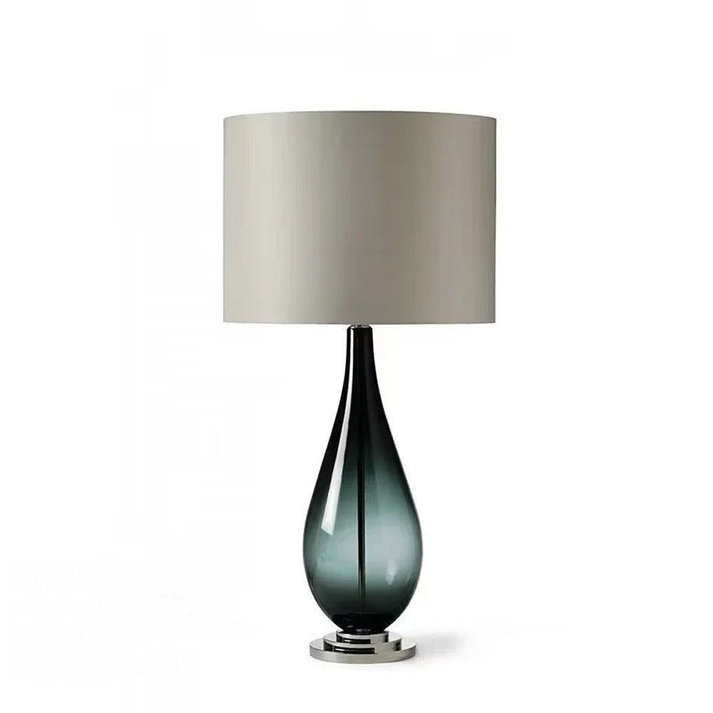Lampe à poser en verre soufflé coloré et abat-jour – Bevagna, finition carafe fumée, abat-jour gris