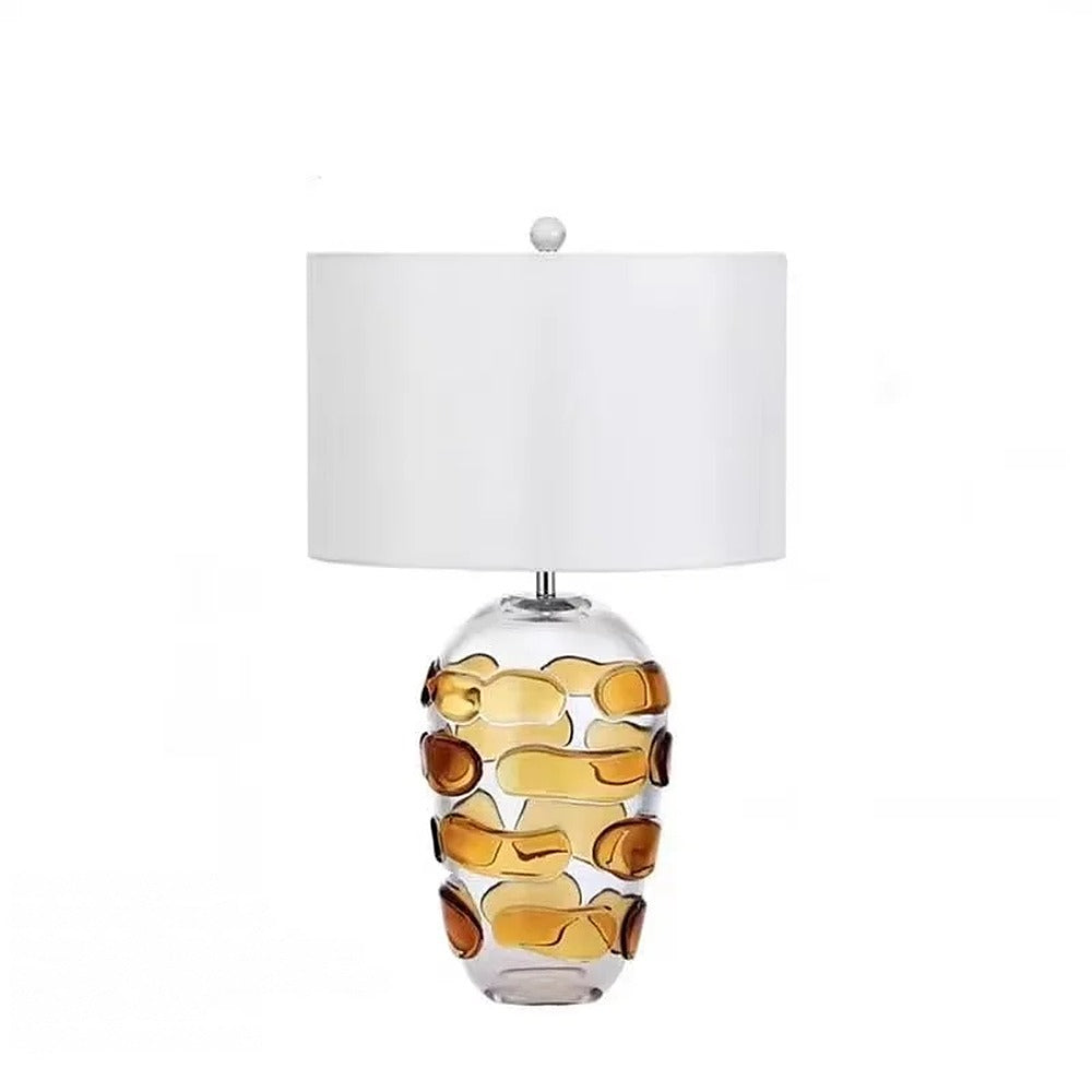 Lampe à poser en verre soufflé coloré et abat-jour – Bevagna, finition bulles ambrées, abat-jour blanc