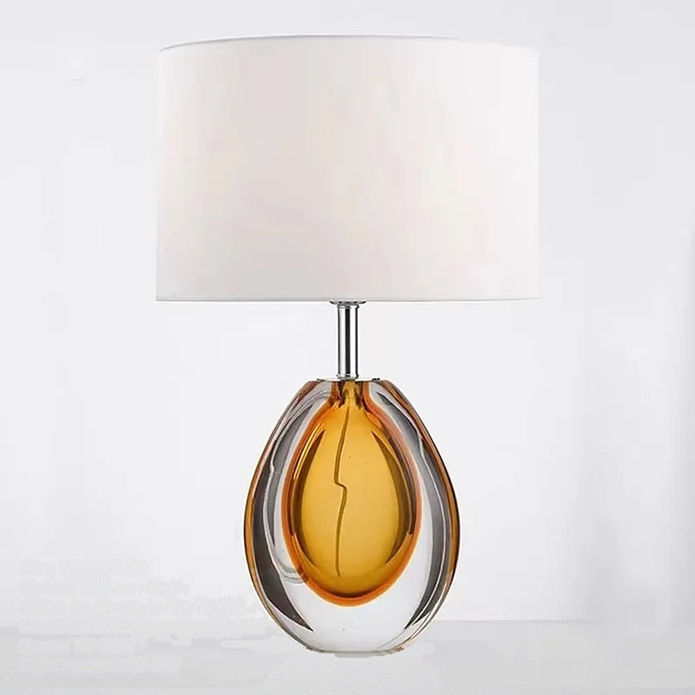 Lampe à poser en verre soufflé coloré et abat-jour – Bevagna, finition œuf ambré, abat-jour blanc