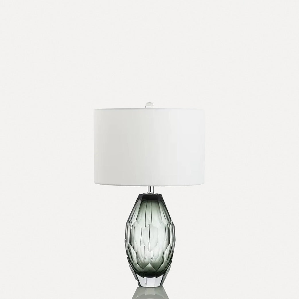 Lampe à poser en verre soufflé coloré et abat-jour – Bevagna, finition facettes fumées, abat-jour blanc