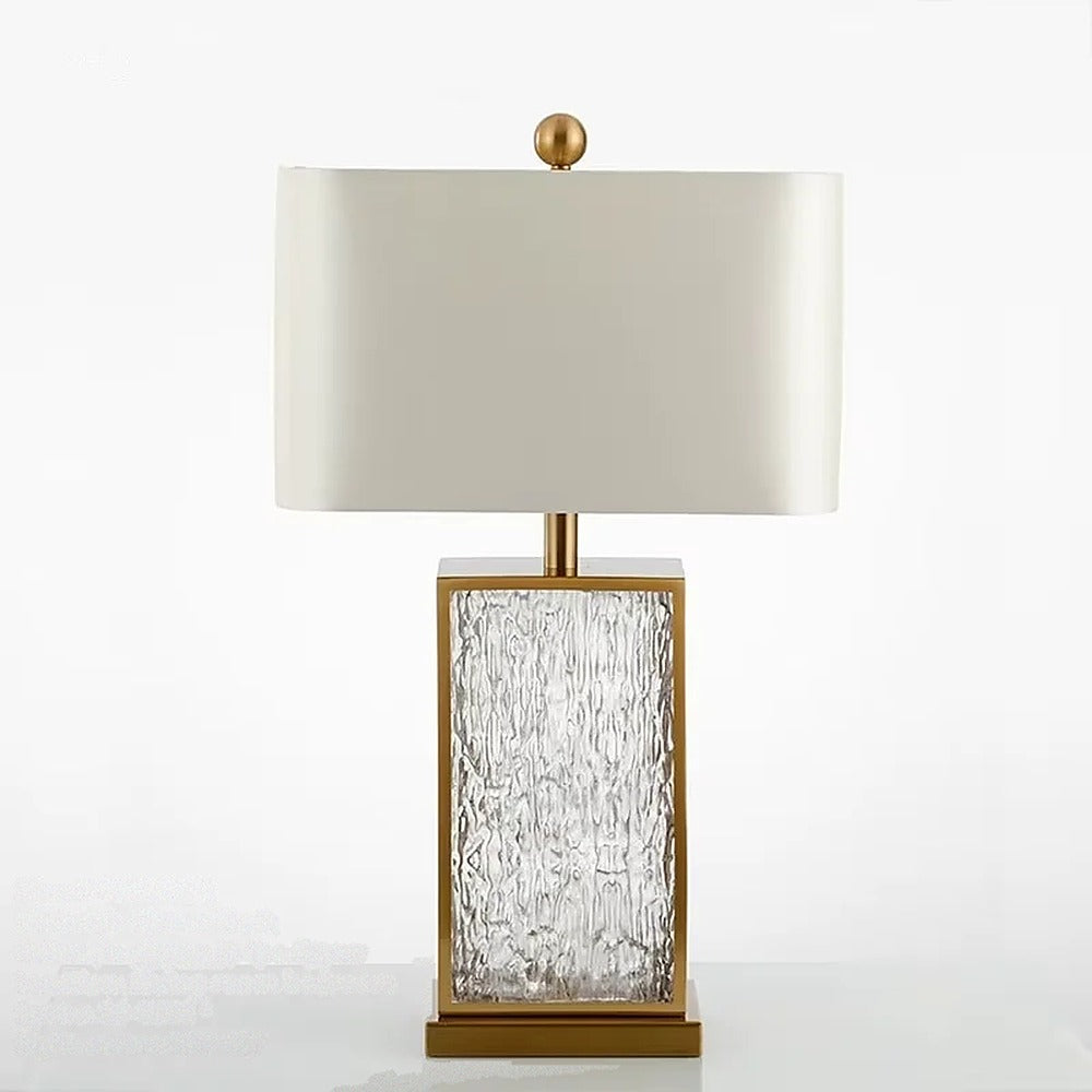 Lampe à poser en verre soufflé coloré et abat-jour – Bevagna, finition bloc de verre givré, abat-jour blanc