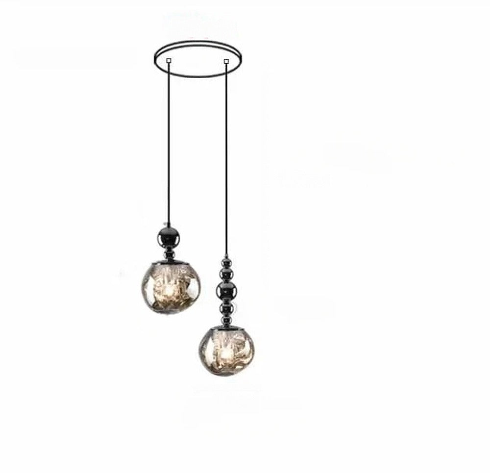 Suspension perles chromées et globe fumé – Bormes, finition duo de suspensions / Blanc chaud