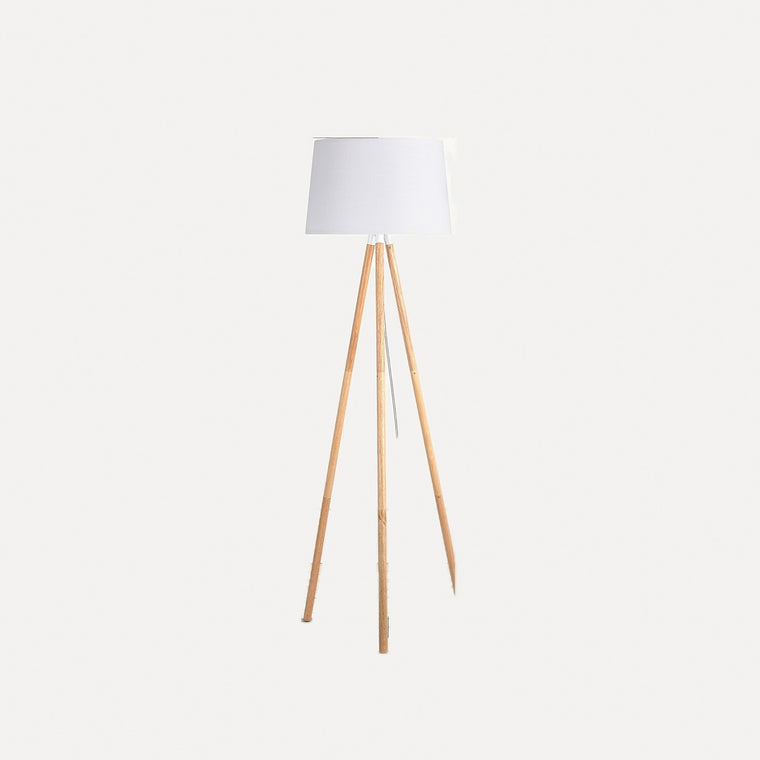 Lampadaire trépied en bois et abat-jour tambour – Callas, finition blanc