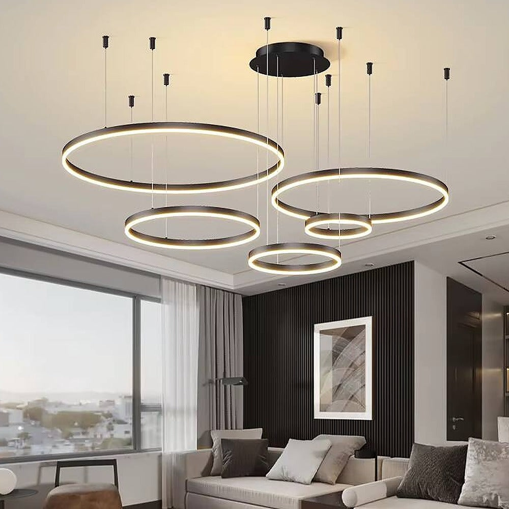 Suspension anneaux LED en métal, style moderne – Cascais, finition noir / 1 anneau Ø 40 cm / Blanc chaud