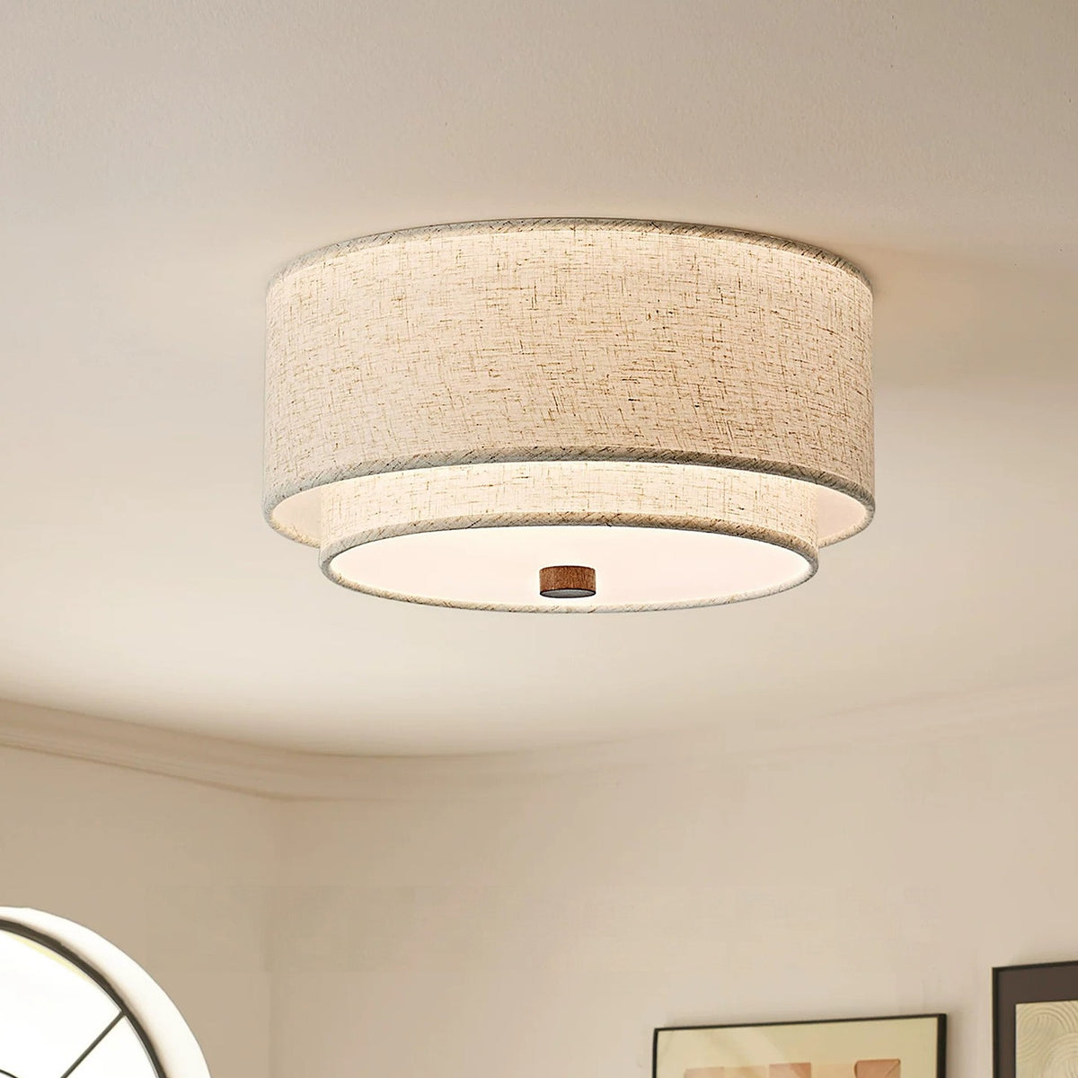 Plafonnier double tambour en lin, Ø 32 à 45 cm – Chaillot, vue d’ambiance