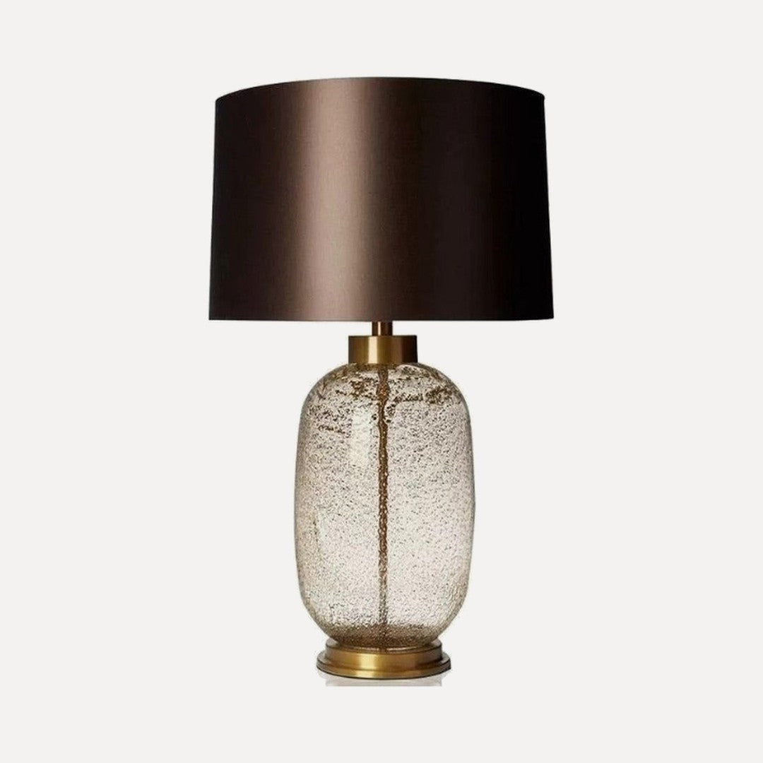 Lampe à poser pied en verre et abat-jour satiné – Chenonceau, finition ambre clair, H 55 cm