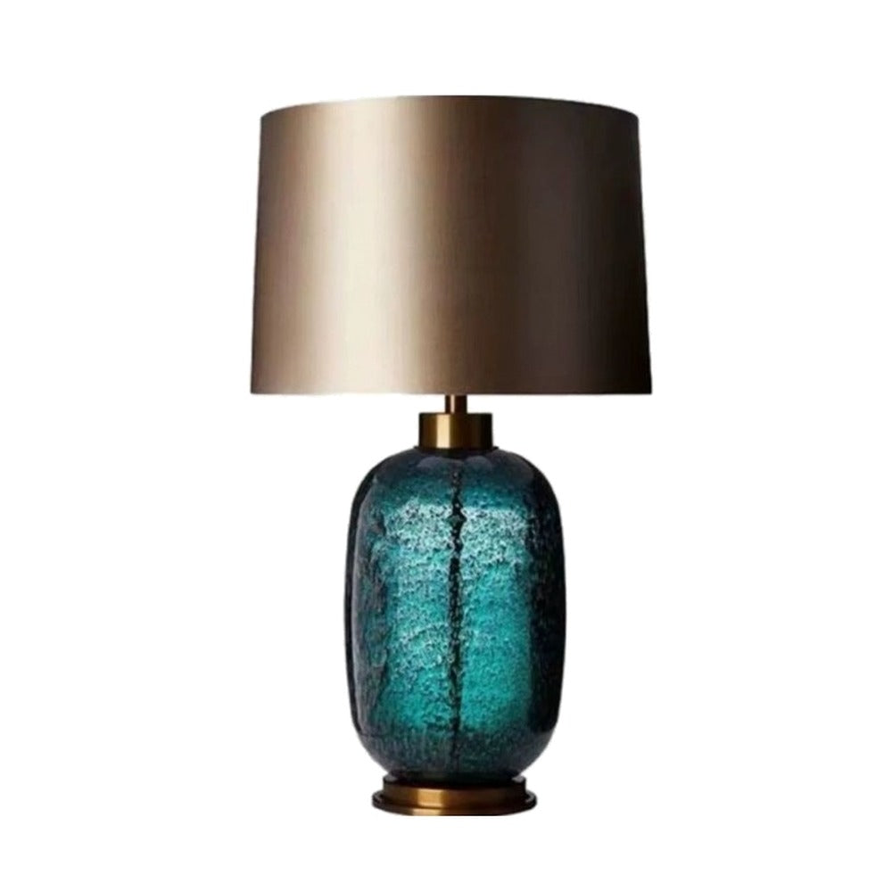 Lampe à poser pied en verre et abat-jour satiné – Chenonceau, finition bleu canard, H 64 cm