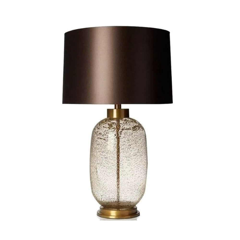 Lampe à poser pied en verre et abat-jour satiné – Chenonceau, finition ambre clair, H 64 cm
