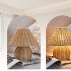 Lampe à poser en bambou tressé main, abat-jour conique – Chiran, sur fond clair