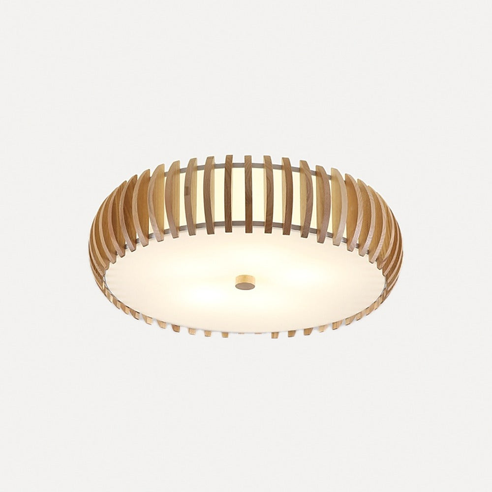 Plafonnier tambour à lamelles de bois massif – Ciboure, finition modèle C, Ø 33 cm