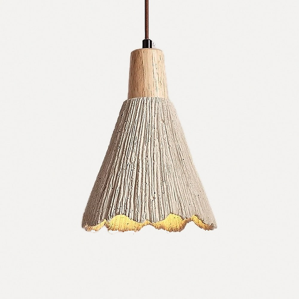 Suspension cône en ciment texturé et bois – Cuenca, finition cône Ø 16 cm / Blanc chaud