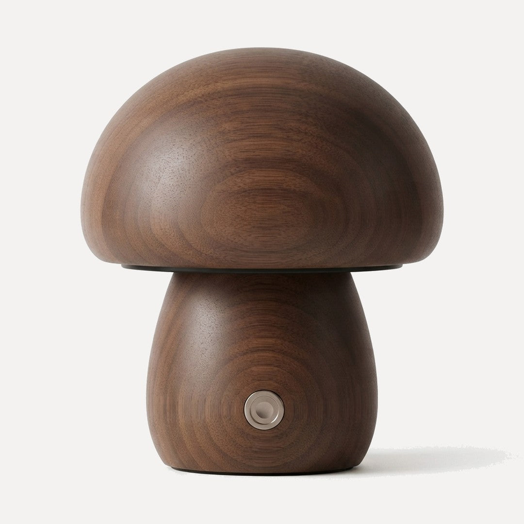 Domme, lampe champignon en bois massif, sans fil et tactile, Noyer, modèle trapu