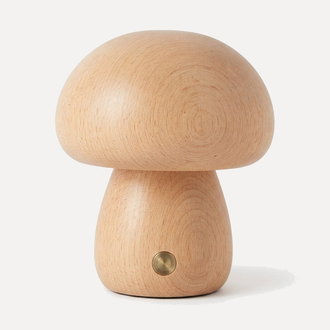 Domme, lampe champignon en bois massif, sans fil et tactile, Hêtre, modèle trapu