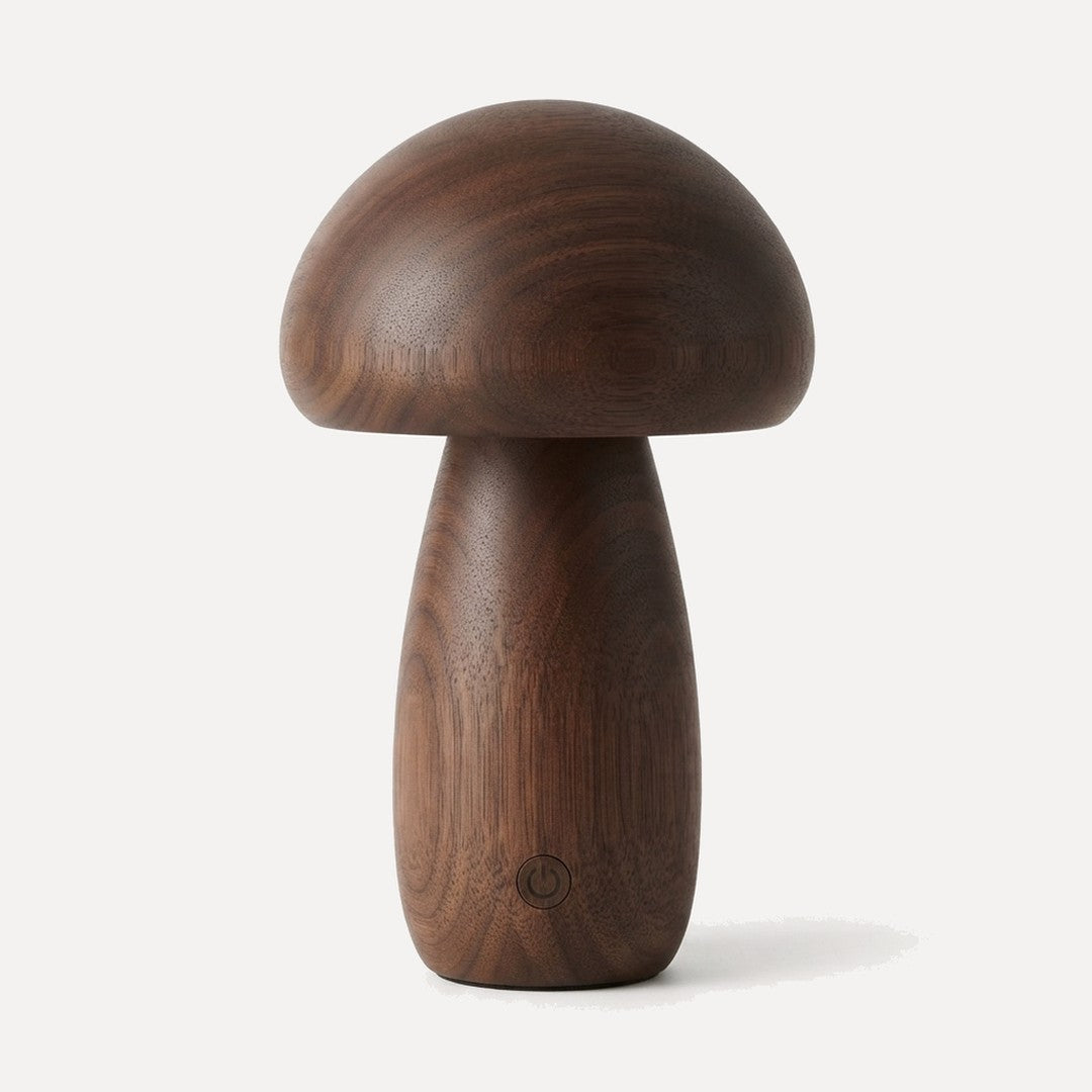 Domme, lampe champignon en bois massif, sans fil et tactile, Noyer, modèle élancé